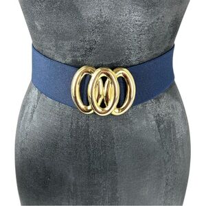 Day-Lor Belt Vintage Navy Blue Gold Tone Buckle Elastic Stretch